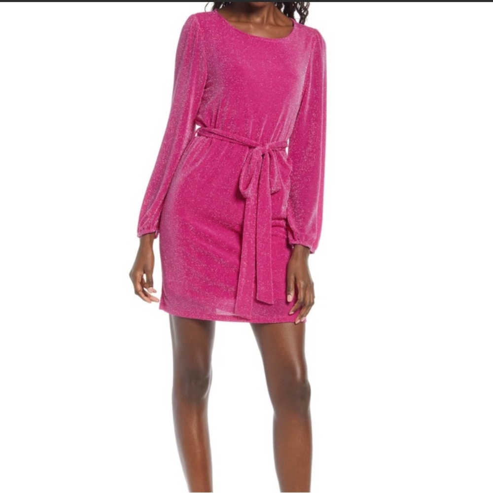 Metallic Long Sleeve Tie Waist Dress FRAICHE BY J XL